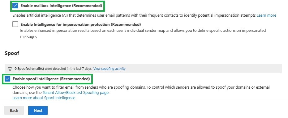 The Anti‑phishing protection page showing the Mailbox intelligence and Spoof intelligence options as enabled.