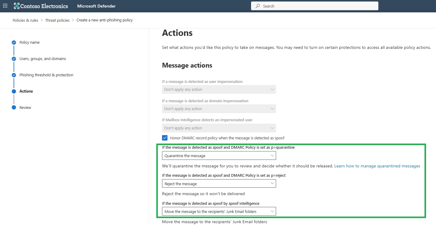 The Actions page with spoofed and DMARC‑failed messages are configured to be quarantined or rejected.