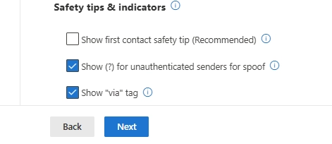On the Safety tips & indicators section, warnings for unauthenticated senders.
