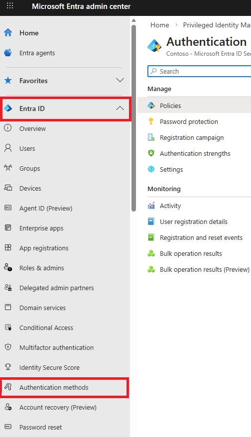 Microsoft Entra admin center showing Entra ID section expanded with Authentication methods selected in the left navigation pane.