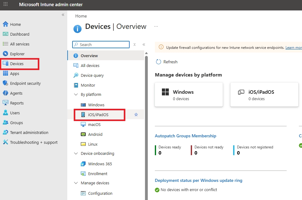 Intune Devices overview page displaying managed device iOS/iPadOS platform.