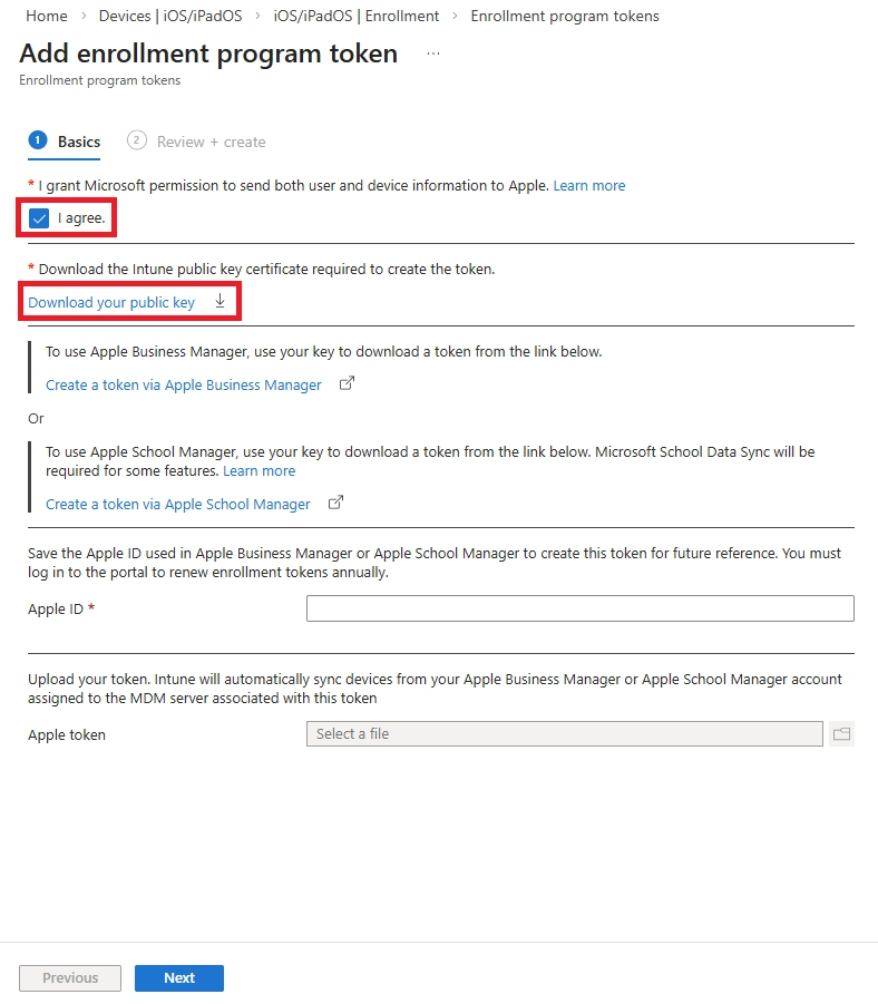 Intune enrollment program token creation page showing public key download and Apple Business Manager token setup.