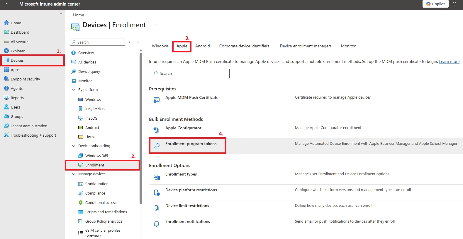 Microsoft Intune admin center showing Devices enrollment for Apple platform selected and Enrollment program tokens highlighted.