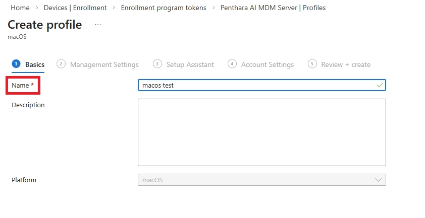 Microsoft Intune Create profile screen for macOS showing the Basics step with the profile name field highlighted.