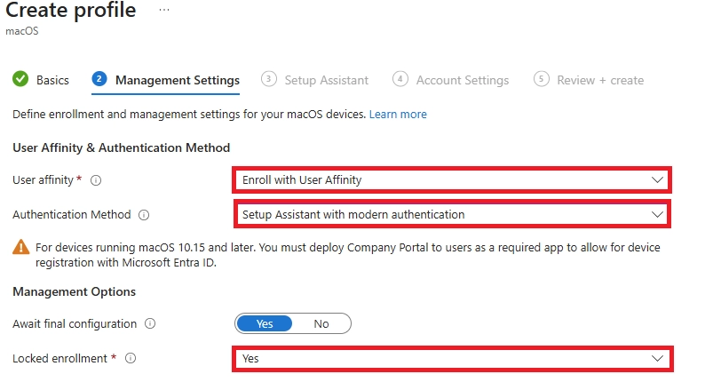 Intune macOS enrollment profile showing user affinity, modern authentication, and locked enrollment settings.