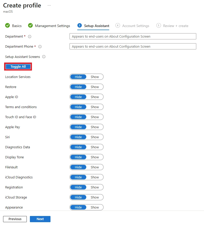 Intune macOS Setup Assistant configuration with all setup screens toggled to hide.