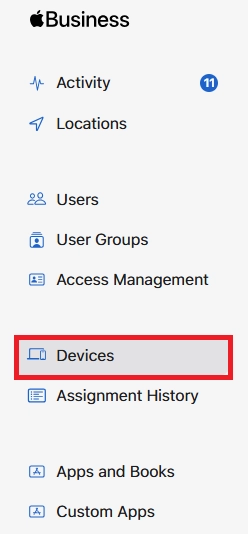 Apple Business Manager navigation pane highlighting the Devices section.