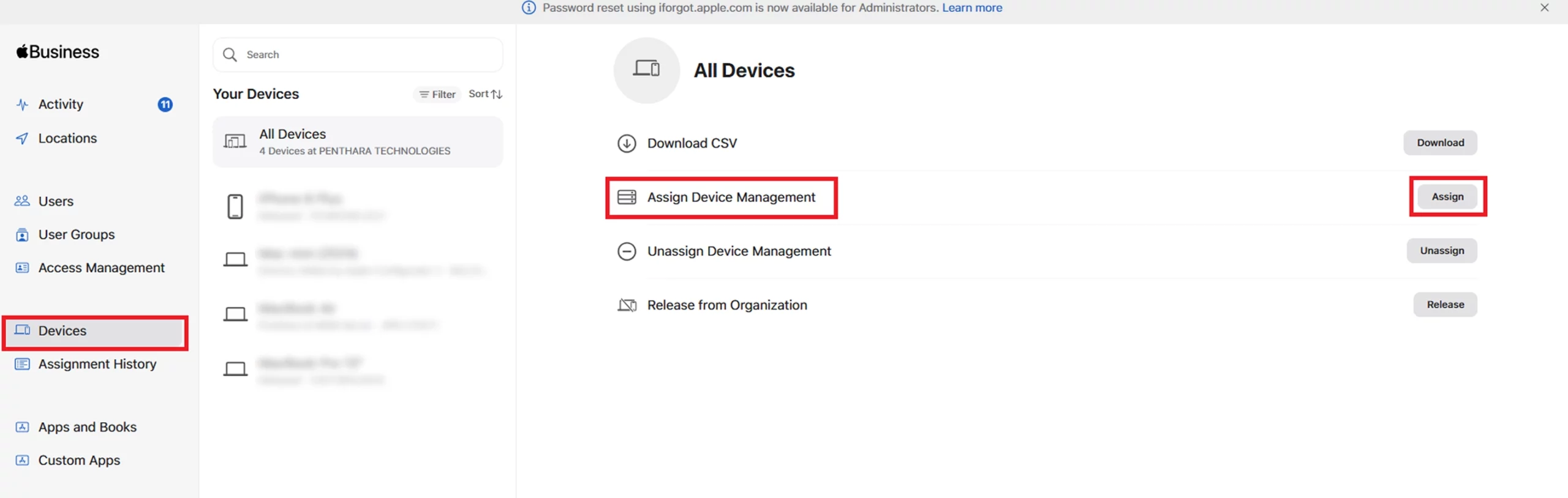 Apple Business Manager Devices page showing Assign Device Management option.