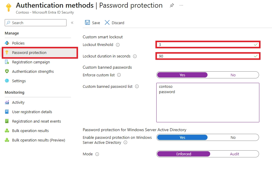 Microsoft Entra Password protection settings showing custom smart lockout configuration with lockout threshold, lockout duration, and enforced password protection options.