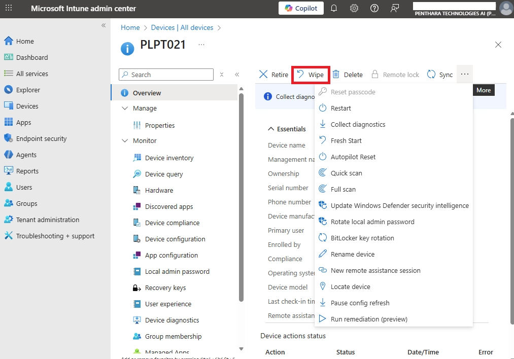 Microsoft Intune admin center showing the Device details page with Wipe option as highlighted.