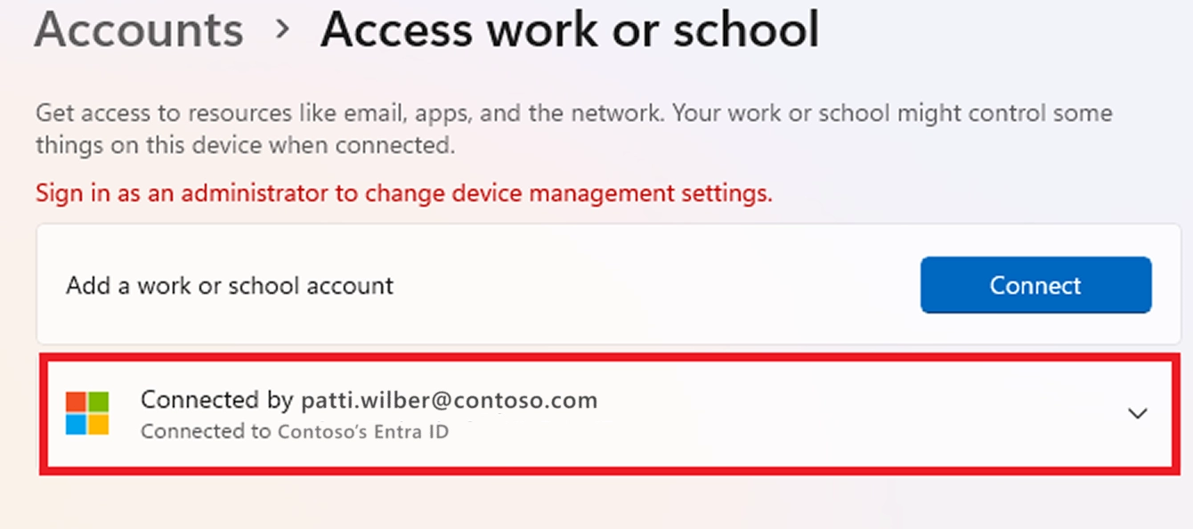 Windows Settings showing a device connected to Microsoft Entra ID under Access work or school.
