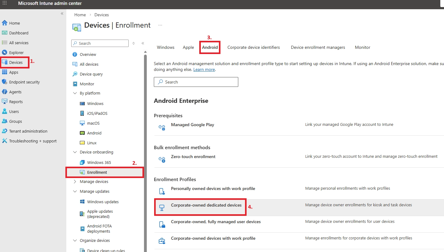 Microsoft Intune admin center Devices > Enrollment page with Android platform selected.