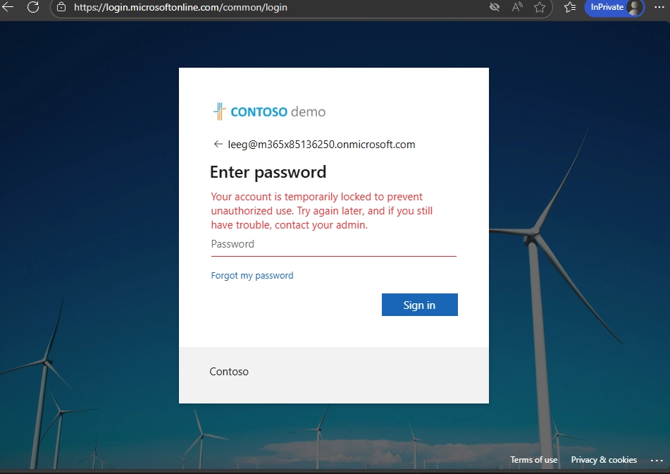 Microsoft sign-in page displaying an account temporarily locked message after repeated incorrect password attempts.