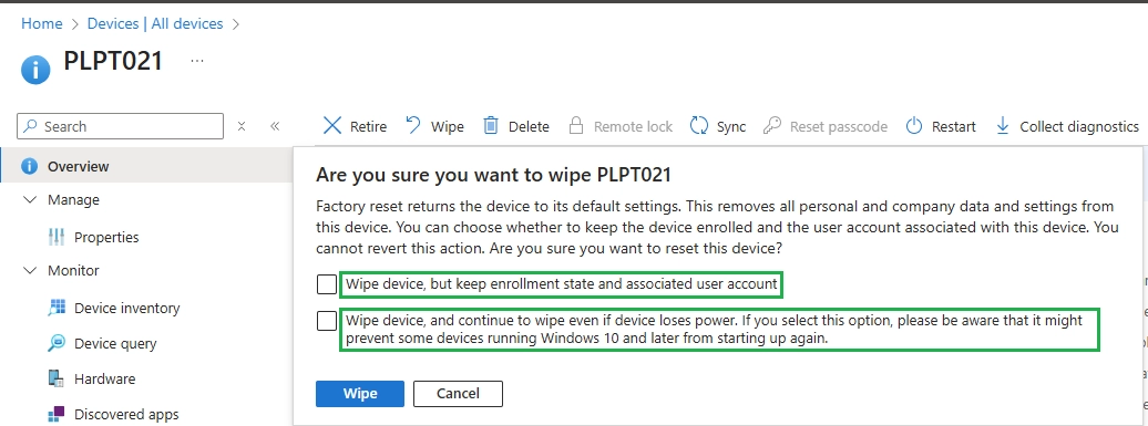Confirmation dialog for Wipe in Microsoft Intune highlighting options to keep enrollment and continue wipe if power is lost.