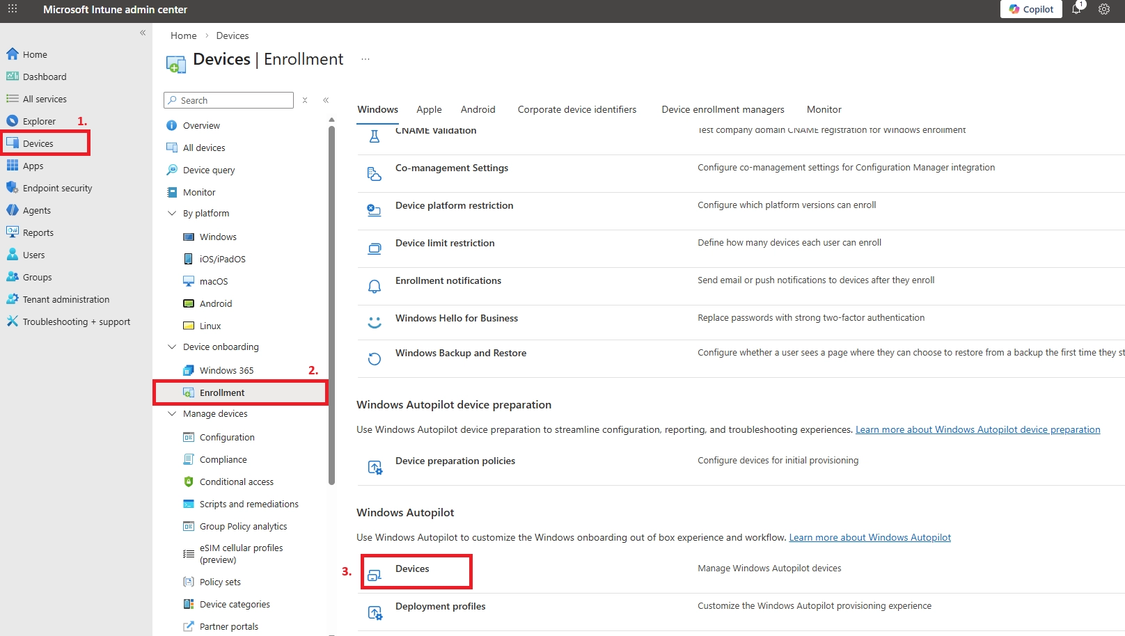 Microsoft Intune admin center showing Devices > Enrollment with Windows Autopilot devices options highlighted.
