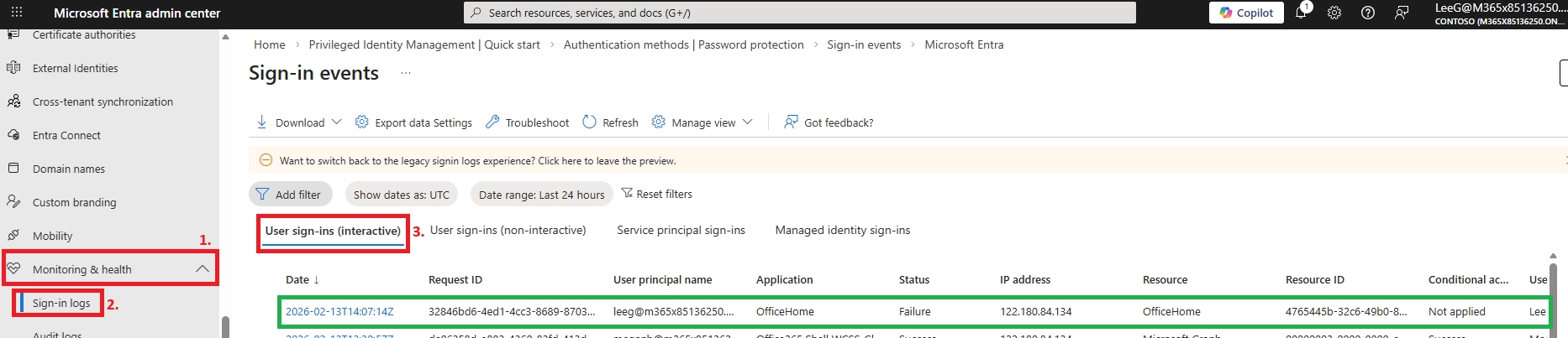 Microsoft Entra admin center showing Sign-in logs under Monitoring and health with interactive user sign-ins selected.