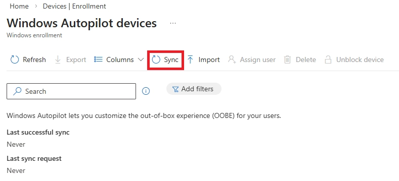 Windows Autopilot devices page showing the Sync option for device synchronization