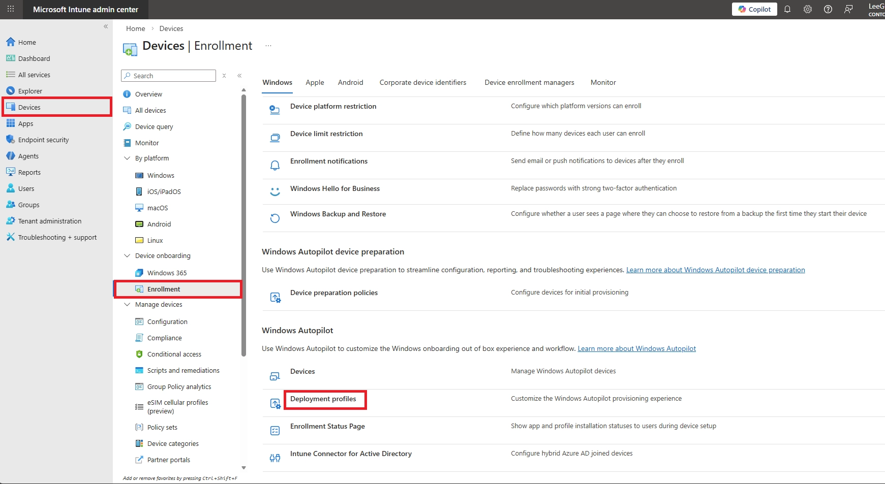 Microsoft Intune admin center showing Devices > Enrollment with Windows Autopilot deployment profiles highlighted.