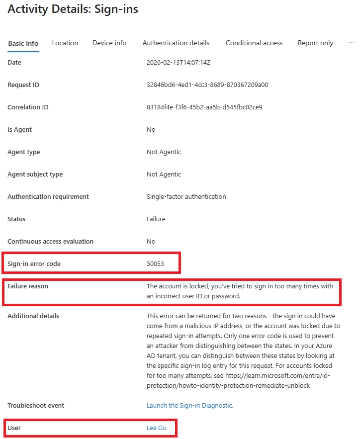 Microsoft Entra sign-in activity details displaying error code 50053 indicating the account is locked due to multiple failed sign-in attempts.