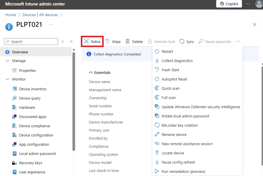 Microsoft Intune admin center showing the Device details page with Retire option as highlighted.