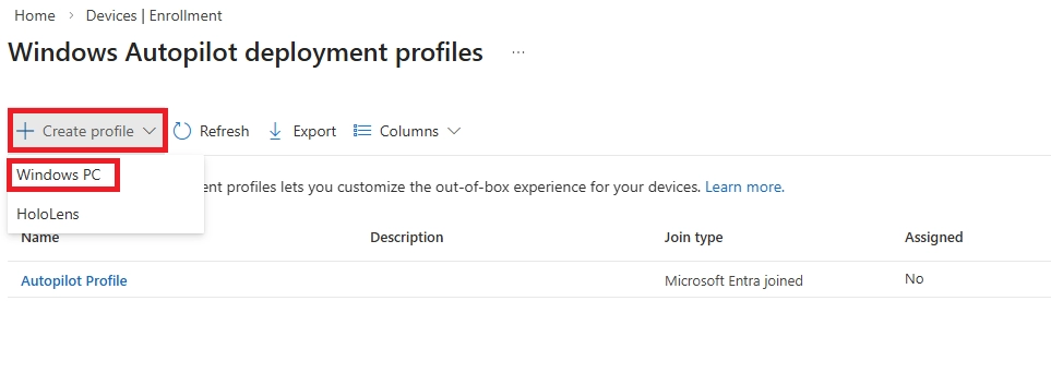 Windows Autopilot deployment profiles page with Create profile option and Windows PC selected.