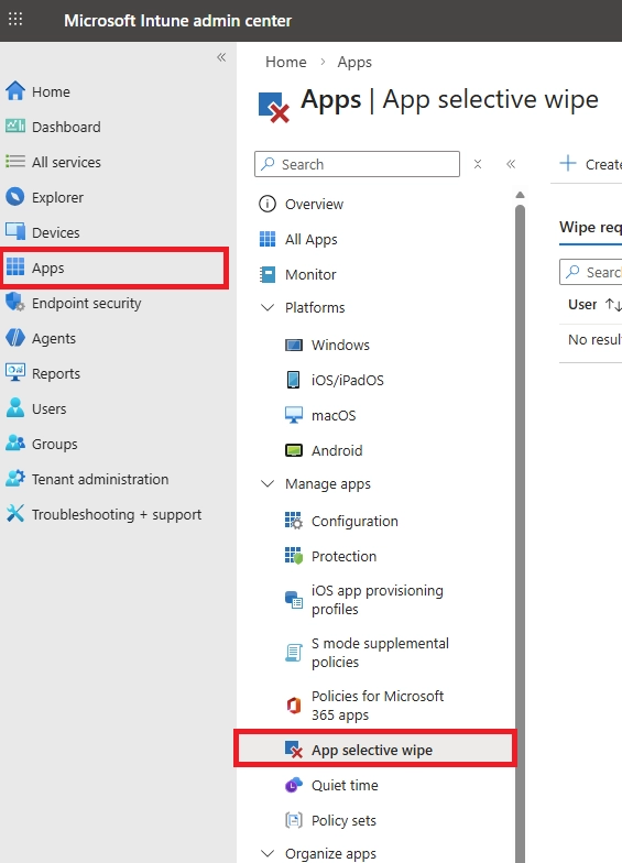 Microsoft Intune admin center with the Apps section selected and App selective wipe highlighted in the navigation menu.