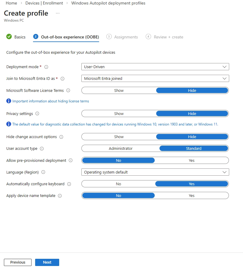 Windows Autopilot deployment profile Out‑of‑Box Experience (OOBE) configuration settings for a Windows PC.