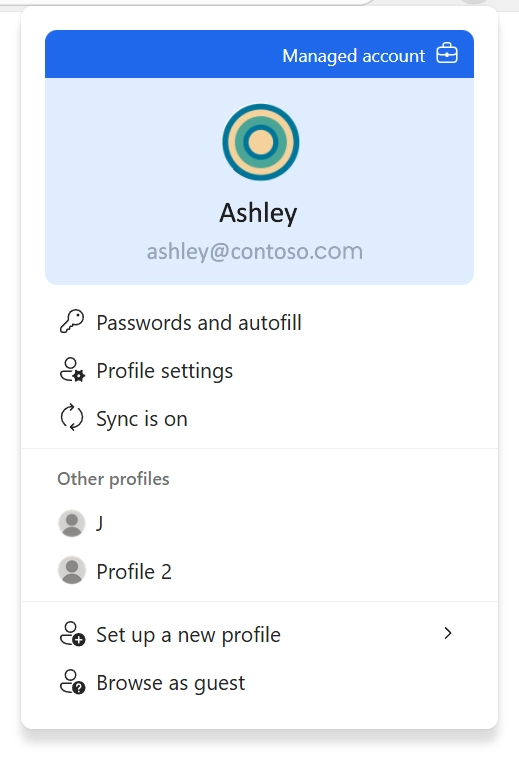 Screenshot 1: Example of the redesigned profile flyout for a managed (work) account.