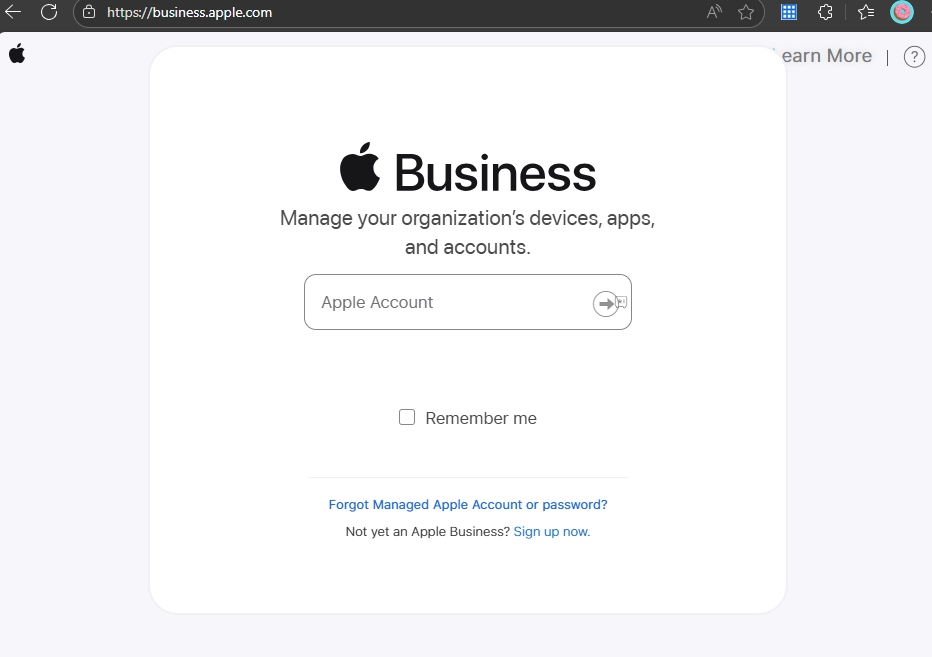 Apple Business Manager sign‑in page used to manage organizational Apple devices, apps, and accounts.