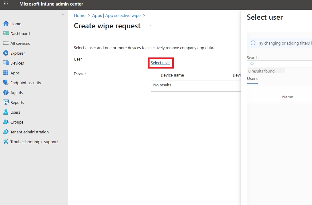 Microsoft Intune admin center showing Create wipe request page to select the user for app selective wipe.