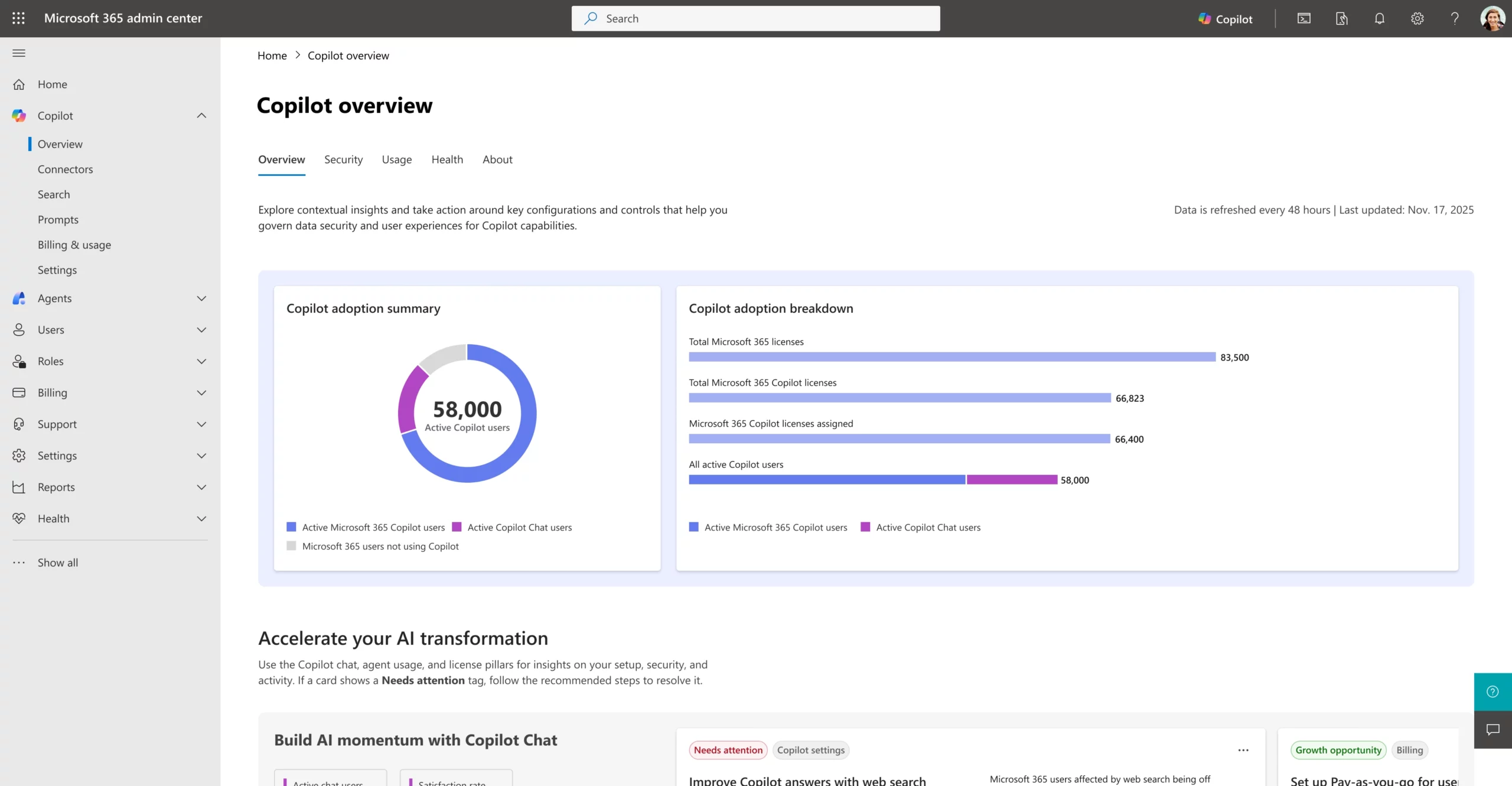6.	Microsoft 365 admin center: New Copilot overview and readiness report