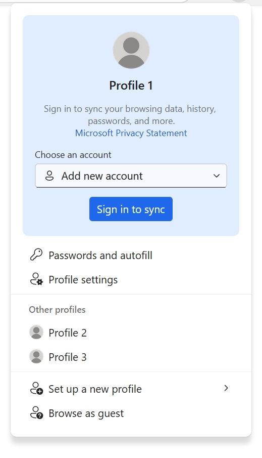 Screenshot 2: Example of the updated flyout for a profile that is not signed in.