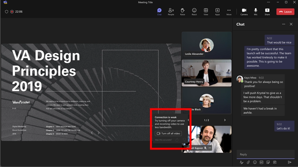 Network strength indicator in meetings