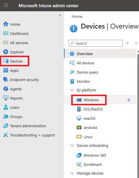 Microsoft Intune admin center showing Devices section with Windows platform selected.