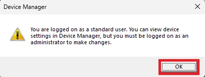 Device Manager warning indicating the user has standard privileges and needs administrator access to make device changes.
