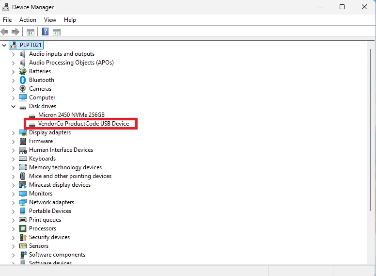 Windows Device Manager showing a connected USB storage device detected under Disk drives.