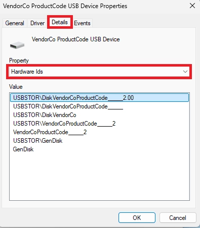 Device Manager properties displaying USB device hardware IDs used for device-level allow or block rules.