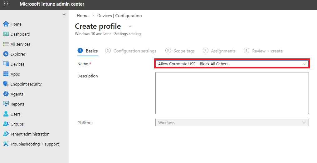 Intune profile basics page showing a policy named to allow corporate USB devices and block all others.