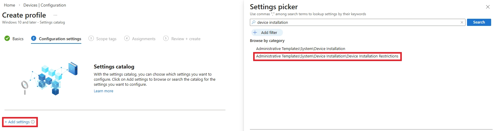 Intune settings catalog used to add device installation restriction policies from administrative templates.