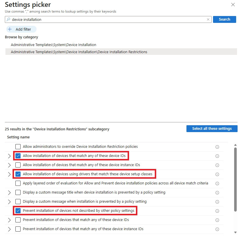 Intune device installation restrictions allowing specific USB device IDs and setup class GUIDs while blocking others.
