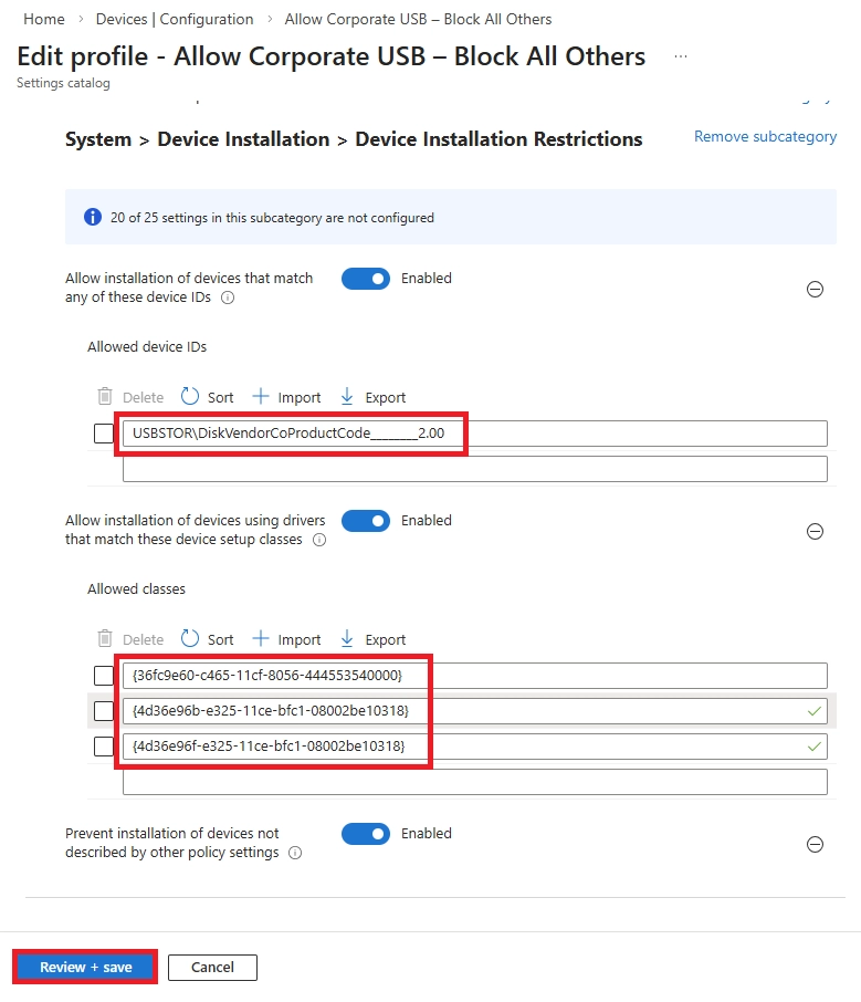 Intune device installation restrictions allowing specific USB device IDs and setup class GUIDs while blocking others.