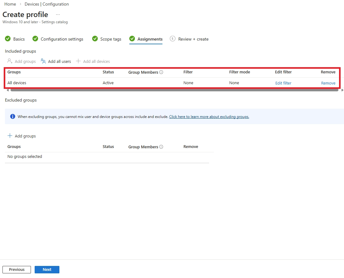 Intune profile assignment page showing the configuration policy targeted to all devices.
