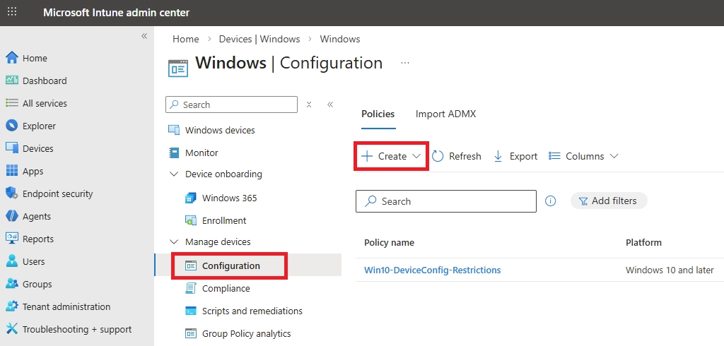 Windows configuration page in Intune with option to create a new policy.