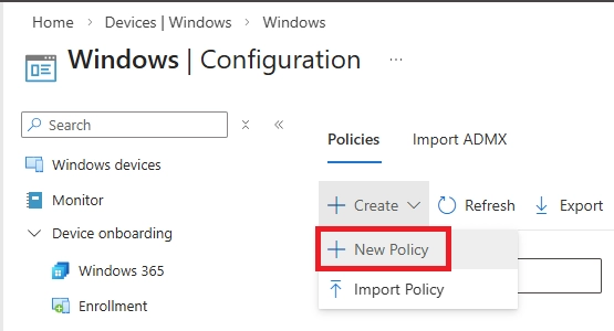 Windows configuration page in Intune showing New Policy option selected under Policies.