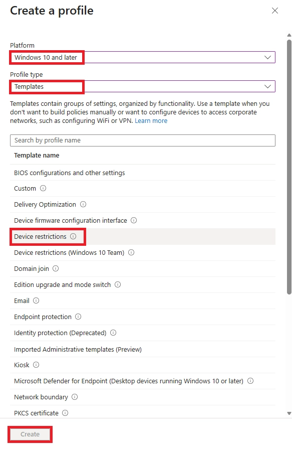 Create profile pane showing Windows 10 and later platform with Device restrictions template selected.