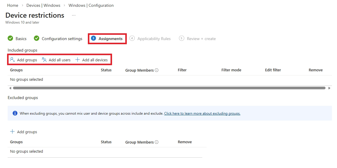 Assignments page of device restrictions policy showing option to add included groups.