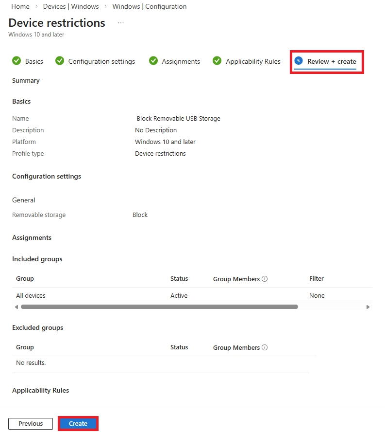 Review and create page summarizing device restrictions policy before creation.