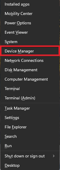Windows Power Menu showing quick access option to open Device Manager for hardware and driver management.