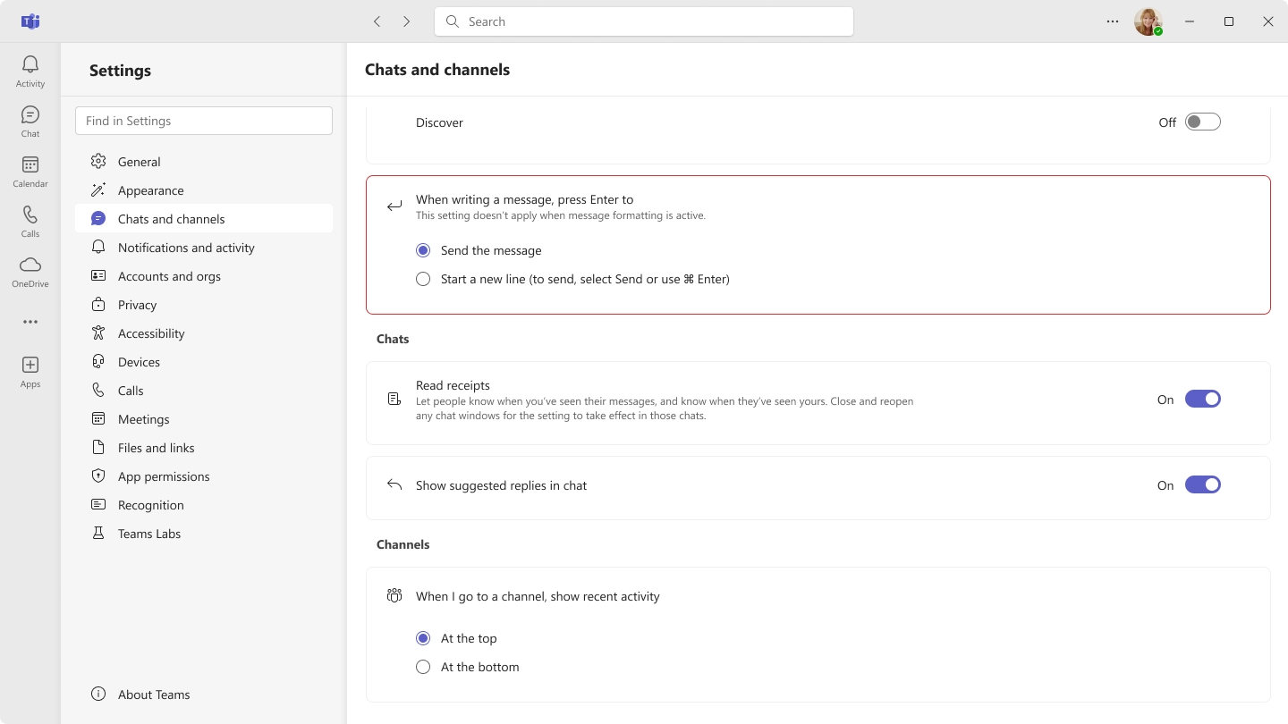 Microsoft Teams: Control Enter key behavior in chat