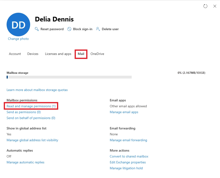 Microsoft 365 admin center user profile page showing the Mail tab selected and the Read and manage permissions option highlighted under Mailbox permissions.